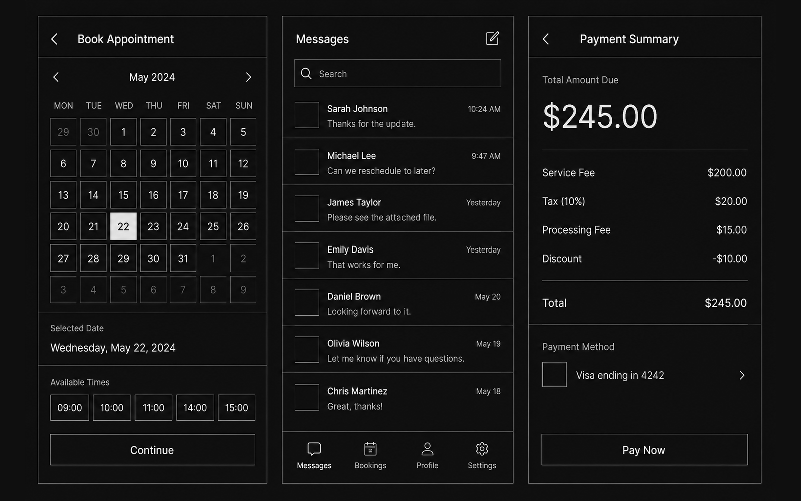 Three mobile app screens side by side: an appointment booking calendar, a list of message threads, and a payment summary with a Pay Now button.