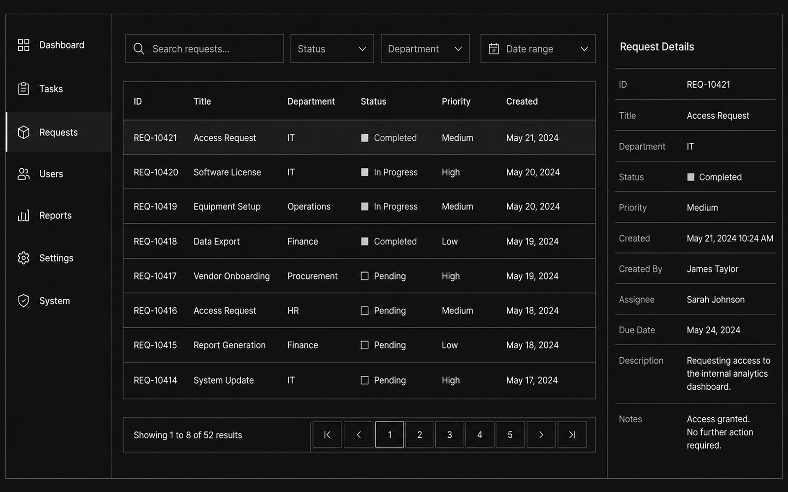 An internal request-management tool with search and filter controls, a table of requests with status and priority columns, and a detail panel for the selected record.